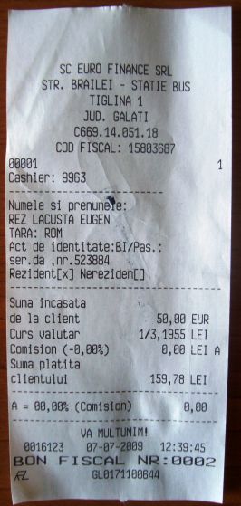 Chitanţa care atestă hoţia: 1 euro = 31.955 de lei vechi