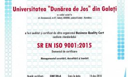 Universitatea „Dunărea de Jos” din Galați a primit certificat ISO 9001:2015 pentru domeniul Managementul cercetării, dezvoltării și inovării!